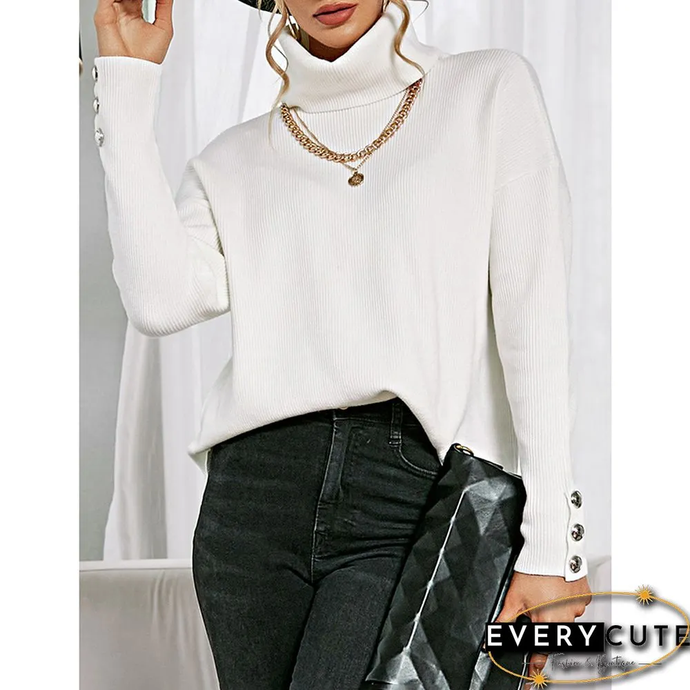 White Turtleneck Button Cuff Long Sleeve Knit Sweater