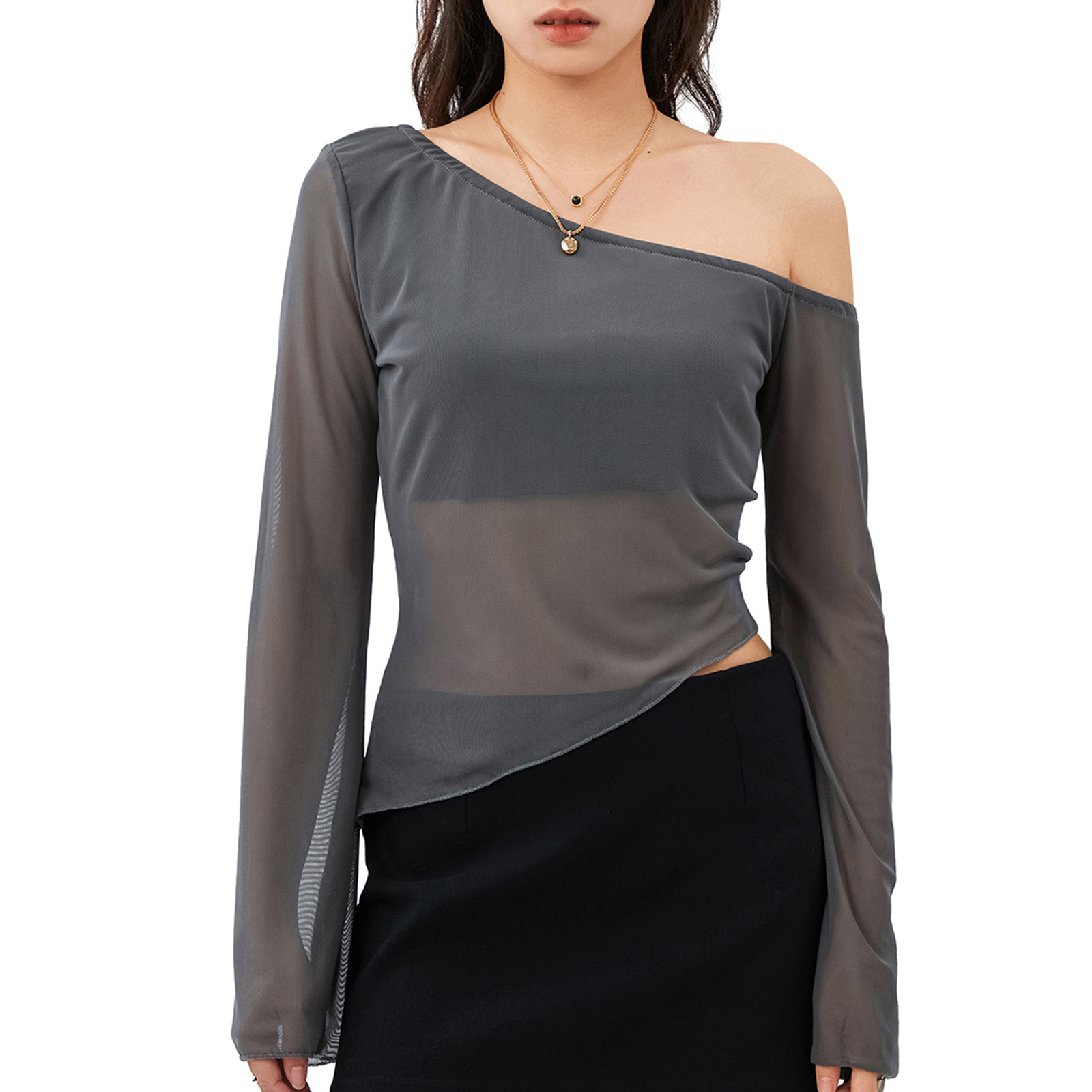 Creditnoom Trendy Dresses – See-through Patchwork Long Sleeve Tops for Women  