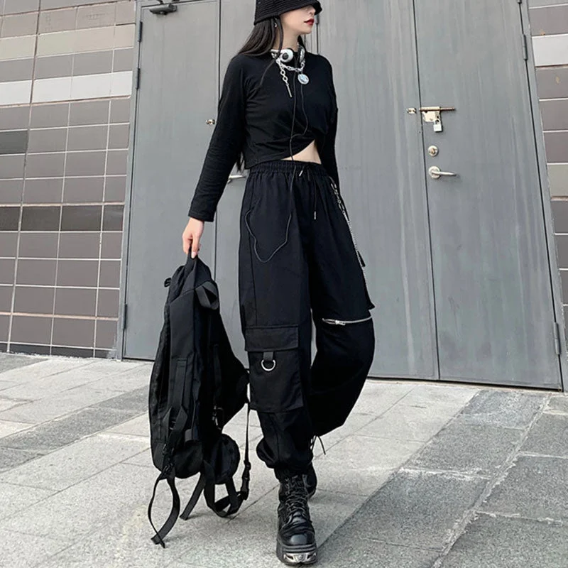 uforever21 Punk Harem Pants Black Zipper Chain High Waist Elastic Trousers Egirl Goth Mall Women Casual Fall Jogging Pant Alt