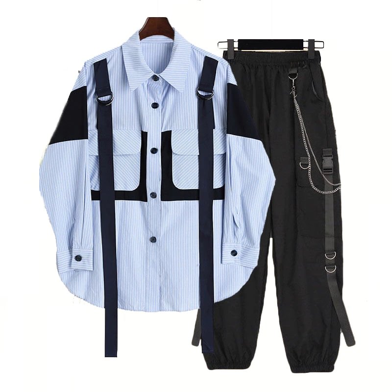 Woherb Unisex Two Piece Set Loose Stitching Ribbon Blue Shirt+Chian Cargo Pants Loose Style For Unisex