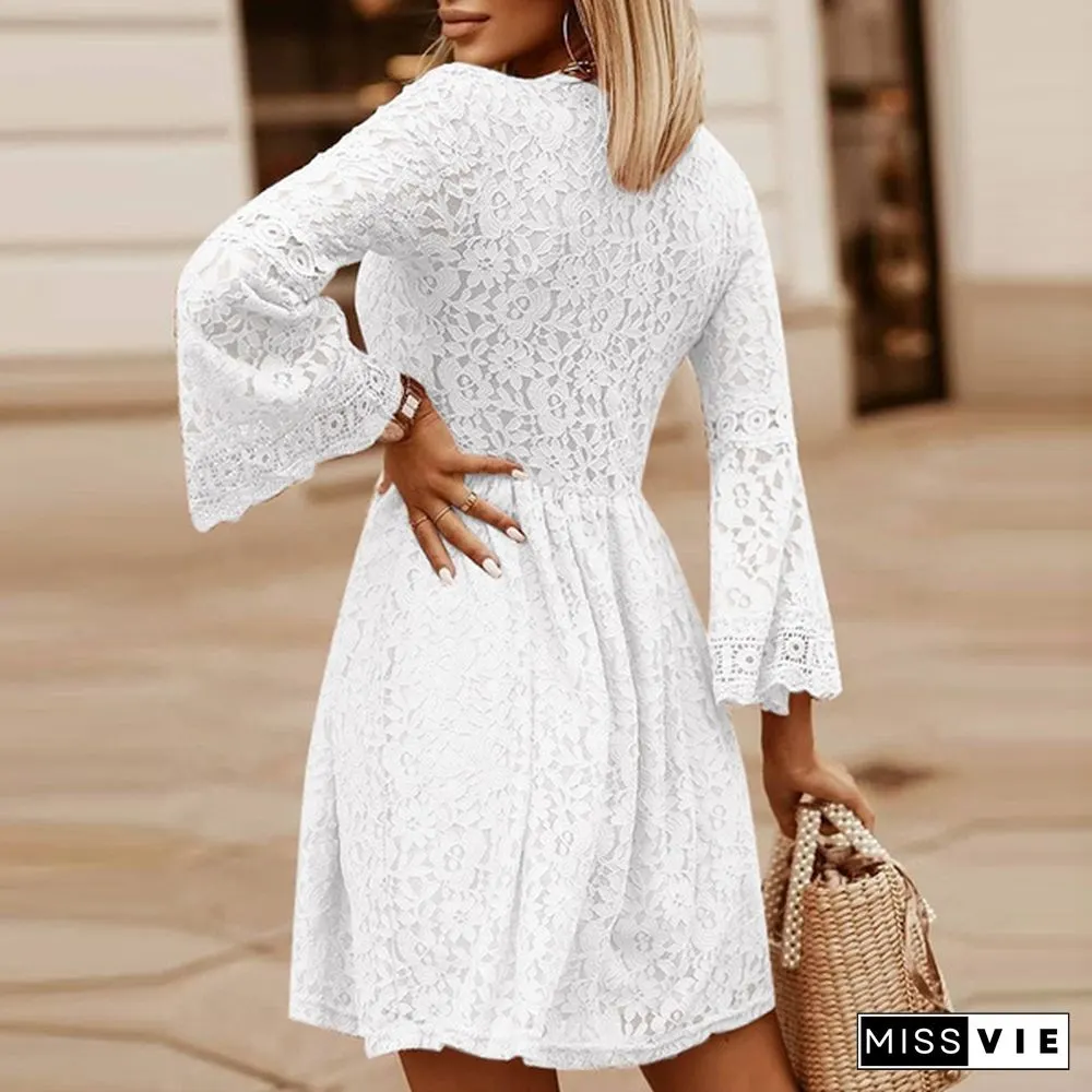 Womens Fashion Lace Mini Dress Flare Long Sleeve Neck Evening Party Elegant Casual Pleated