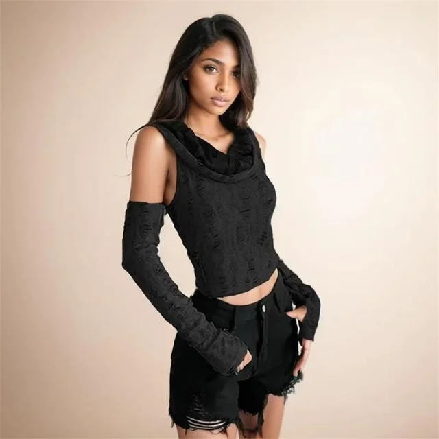Sexy Hole Oversleeve Crop Top Women Aesthetic Black T-shirts Y2K Retro Hooded Tops Streetwear Punk Tee Shirt Summer