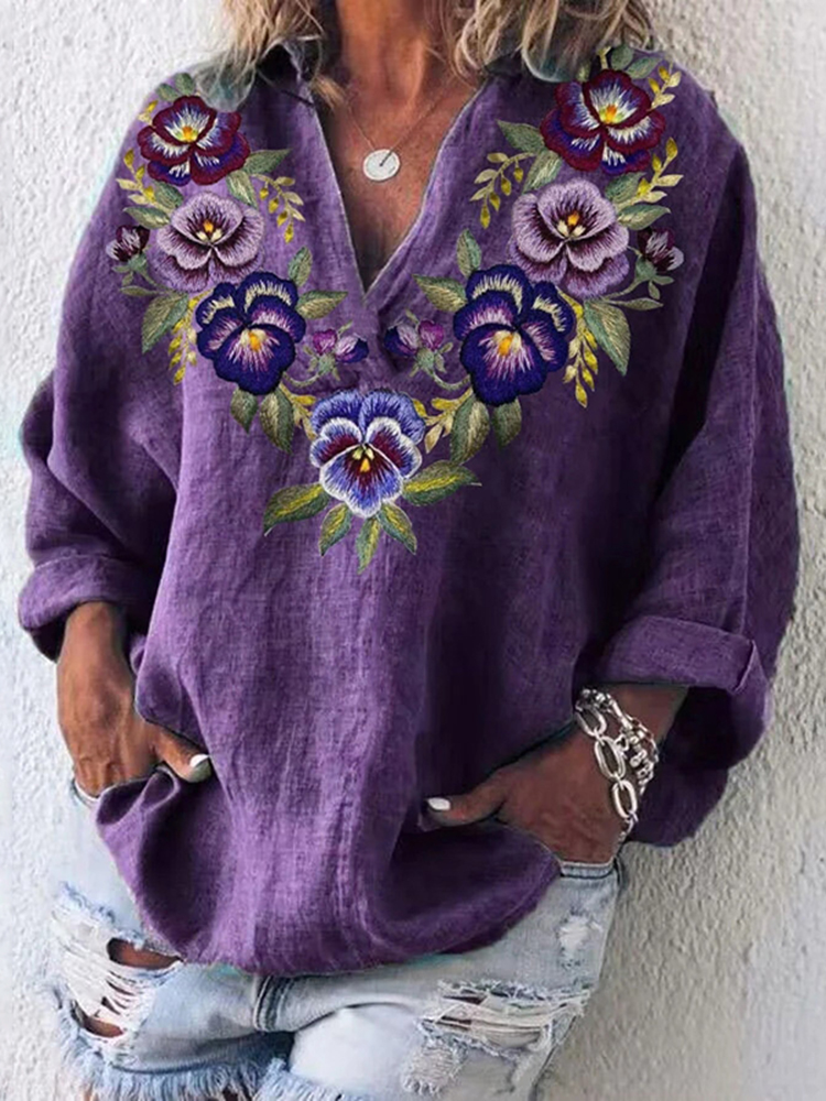 Comstylish Women's Purple Floral Design Casual V Neck Shirt