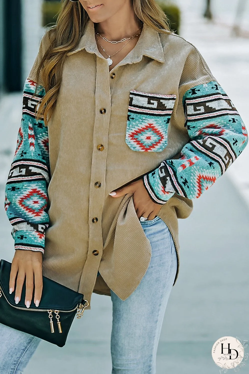 Aztec Pattern Sleeve Khaki Pocketed Corduroy Shacket