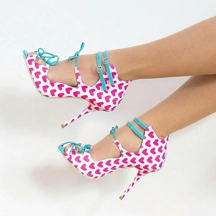 Multicolor Heart Print Peep Toe Stilettos Vdcoo