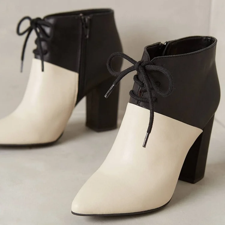 White and Black Chunky heel Boots Lace Up Ankle Boots for Women |FSJ Shoes