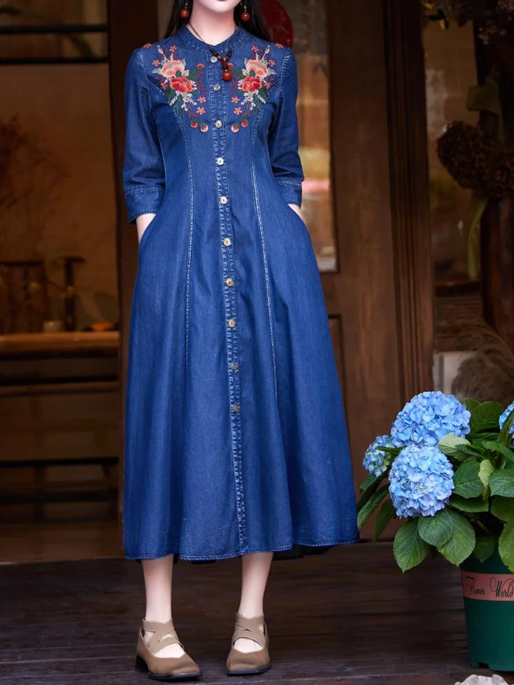 Women's Denim Long Sleeve Scoop Neck Maxi Dress