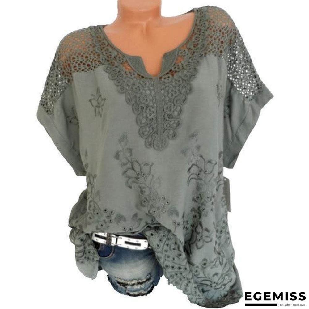 Large Size Women Short-sleeved Blouse V-neck Bat Sleeve Lace Blouse Tops | EGEMISS