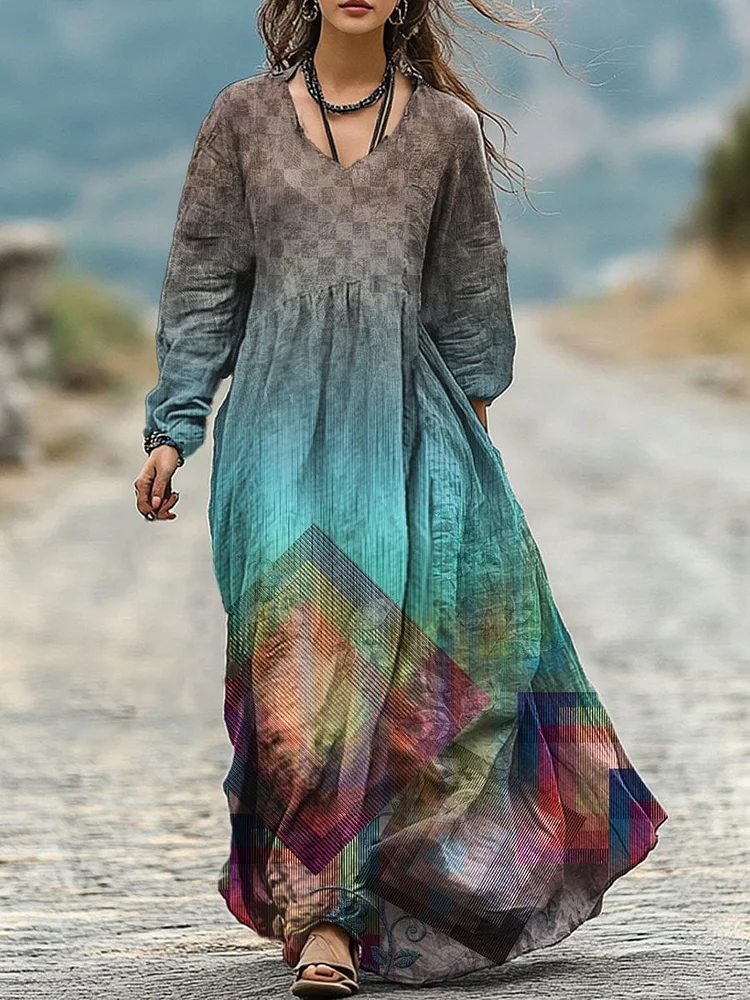 Women's  Retro  Gradient Print Pocket Cotton Dress