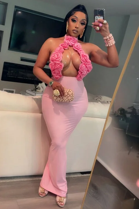 3D Flower Decor Halter Cutout Slim-Fit Party Maxi Dresses-Pink [Pre Order]