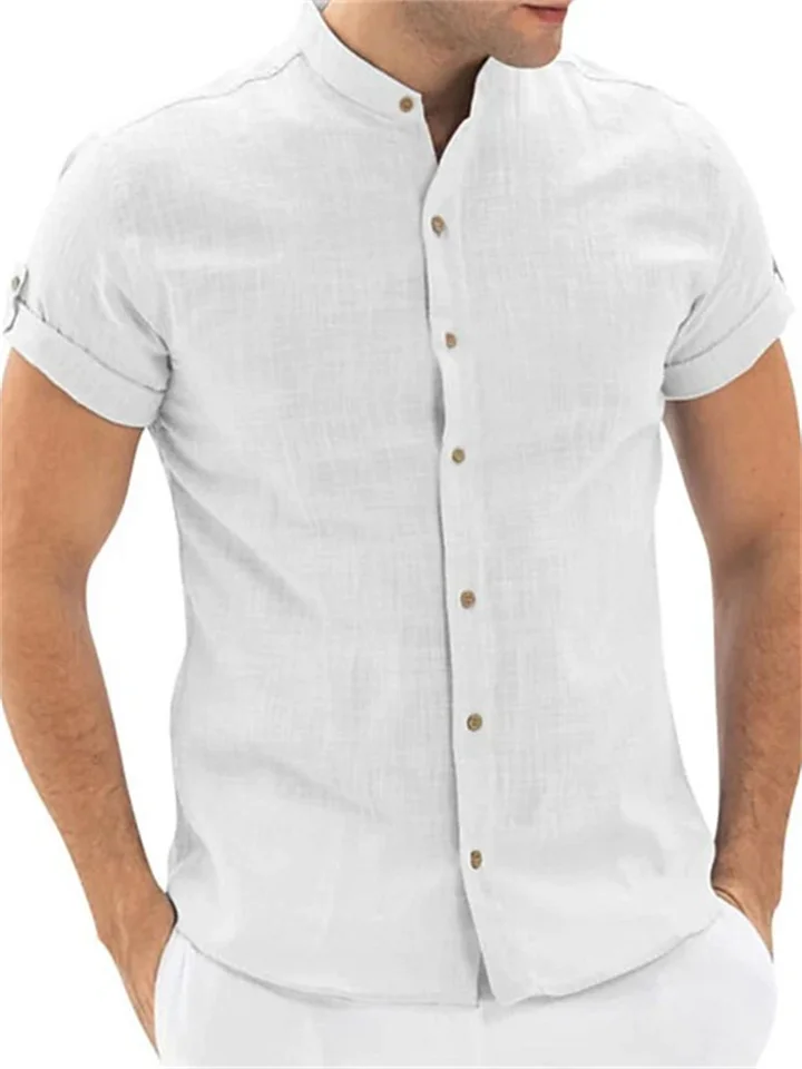 Men's Cardigan Standing Collar Short Sleeve Cotton Linen Shirt White Blue