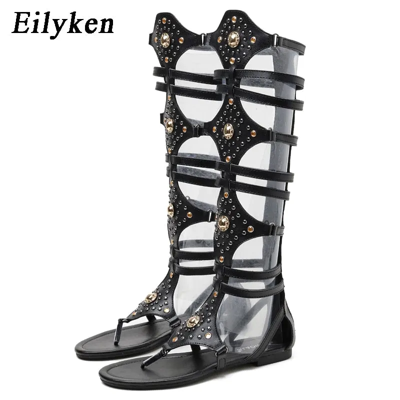 Eilyken Woman Gladiator Roman Sandals Rivet Open Toe Fringe Flat Heel Sandals Boot Women Leather Shoes size 35-40