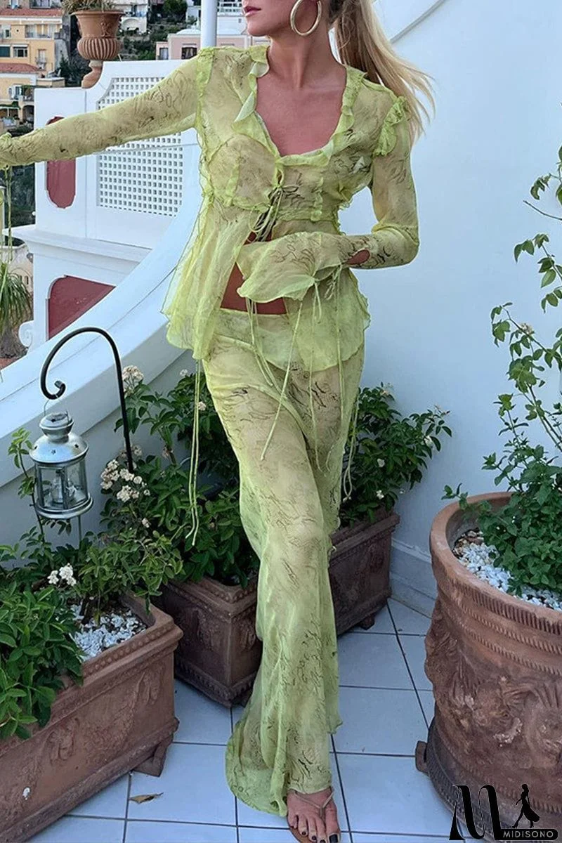 MidiSono - Sexy Solid Frenulum V Neck Long Sleeve Two Pieces