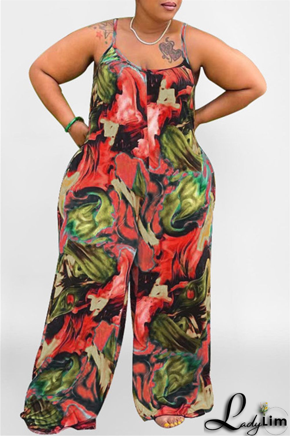 Coffee Sexy Casual Print Backless Spaghetti Strap Plus Size Jumpsuits