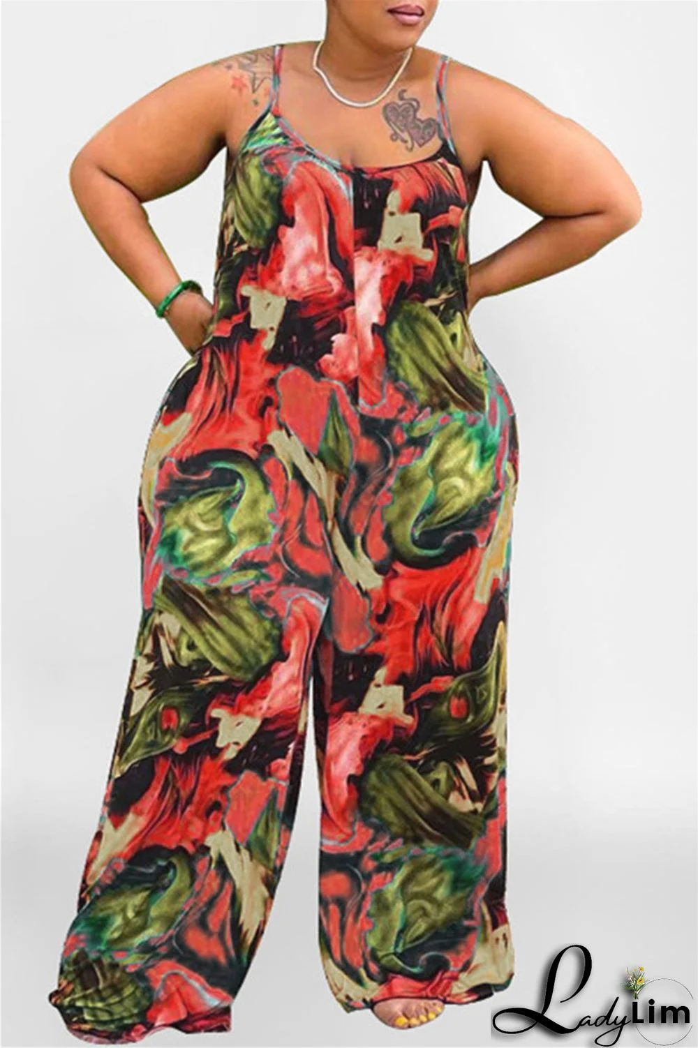 Coffee Sexy Casual Print Backless Spaghetti Strap Plus Size Jumpsuits