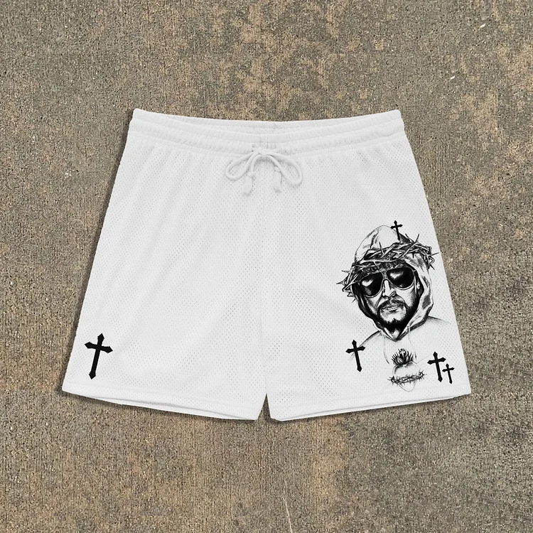 Fashion Godfather Jesus Printing Mesh Shorts