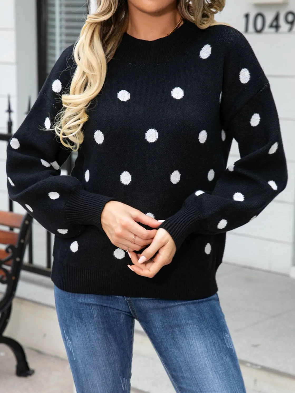 Women's Polka Dot Stitching Solid Color Long Sleeve Scoop Neck Top