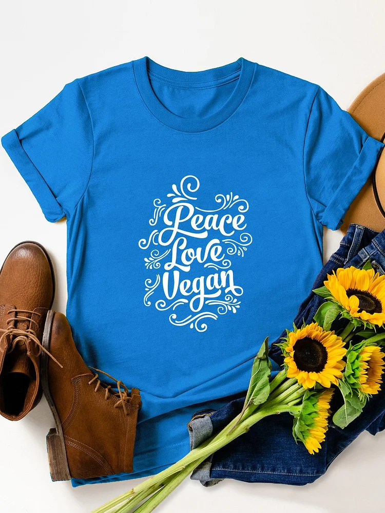 Bestdealfriday Peace Love Vegan Printed Cotton Crew Neck T-Shirt 9539770