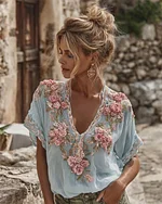Women's Spring Floral Embroidered Art Print Flowy Linen Blend Short Sleeve Casual Tops - Image 9