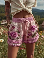 Women's Patchwork Rose Floral Contrast Drawstring Shorts - Image 4
