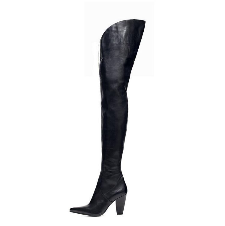 Custom Made Black Chunky Heel Pointy Toe Thigh High Boots |FSJ Shoes
