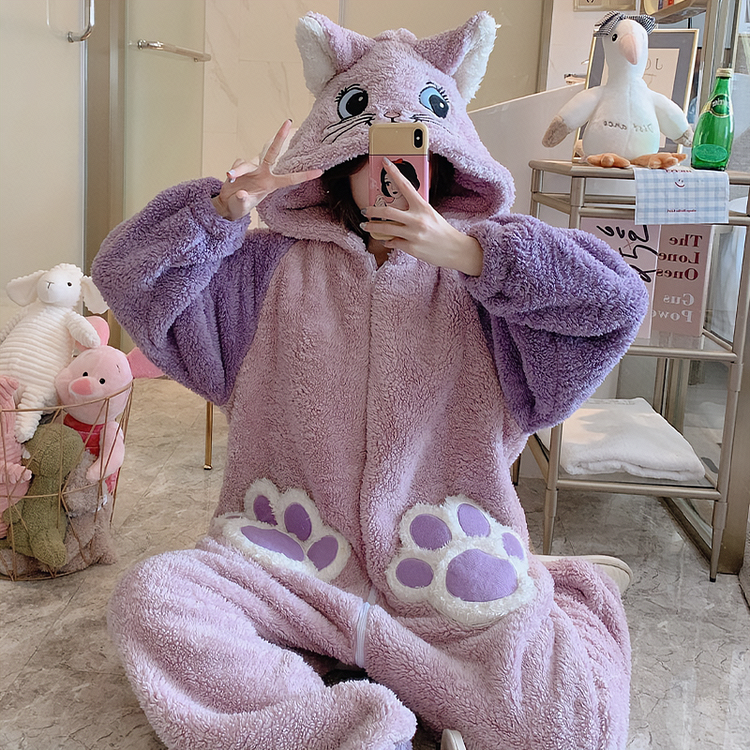 Sweet Pastel Cartoon Animal Fuzzy Lounge PJ Jumpsuit - Gotamochi Kawaii Shop, Kawaii Clothes