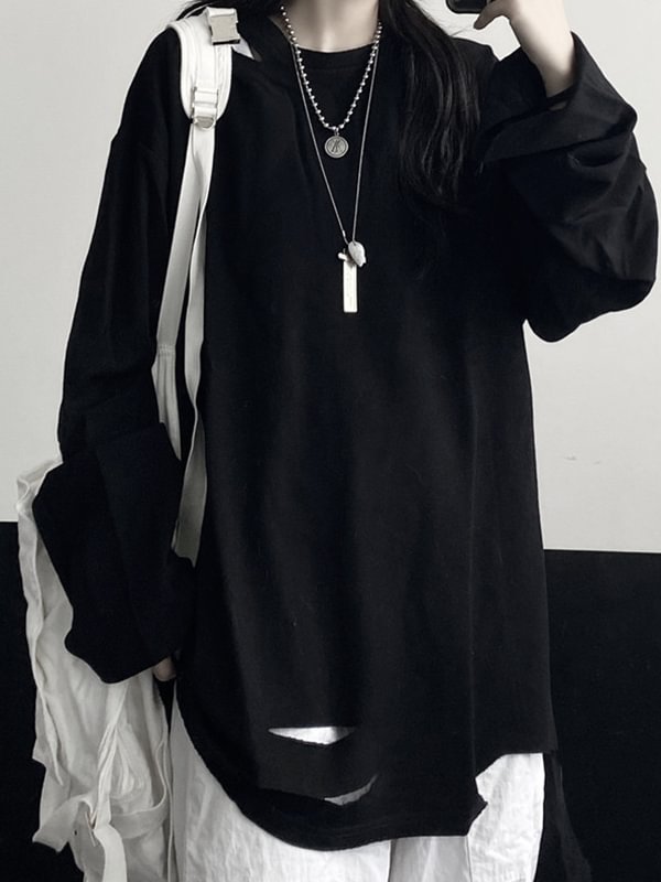 Solid Color Loose Ripped Casual Long Sleeve T-Shirts