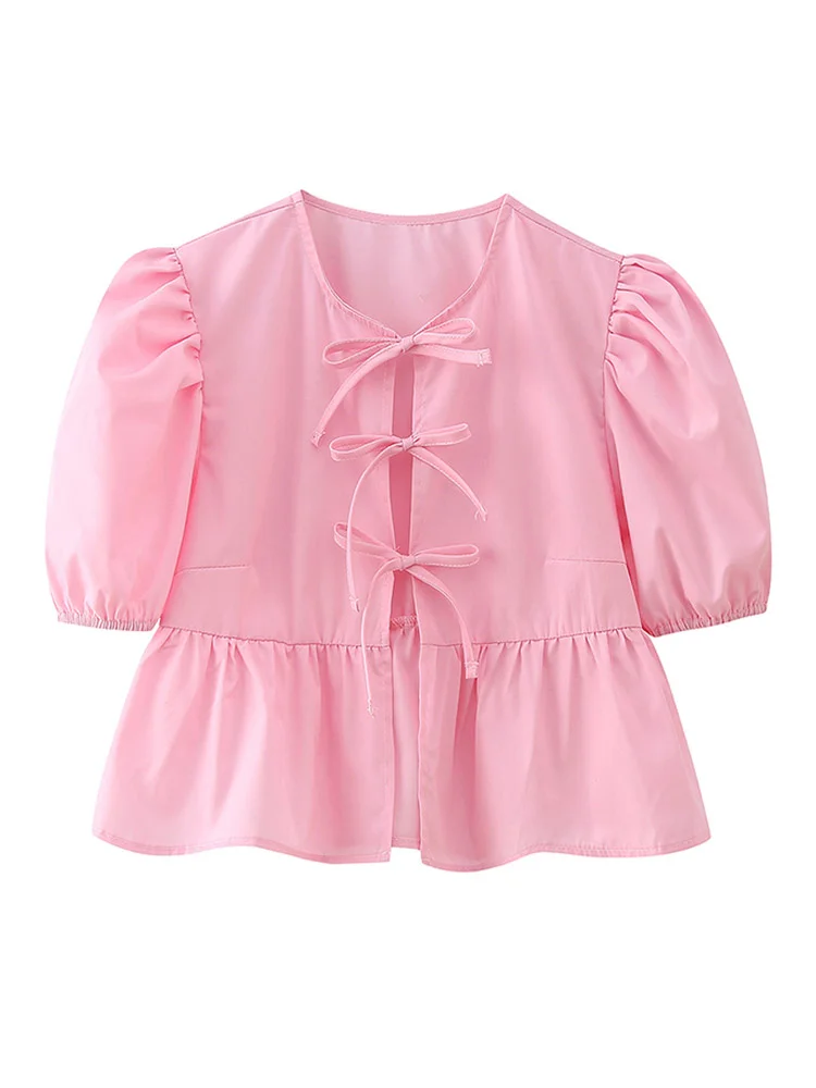Pongl New Puff Sleeve Cropped Blouse For Women Spring Summer O-neck Lace Up Chic Shirt Female Solid Slim Sweet Ruffled Lady Tops