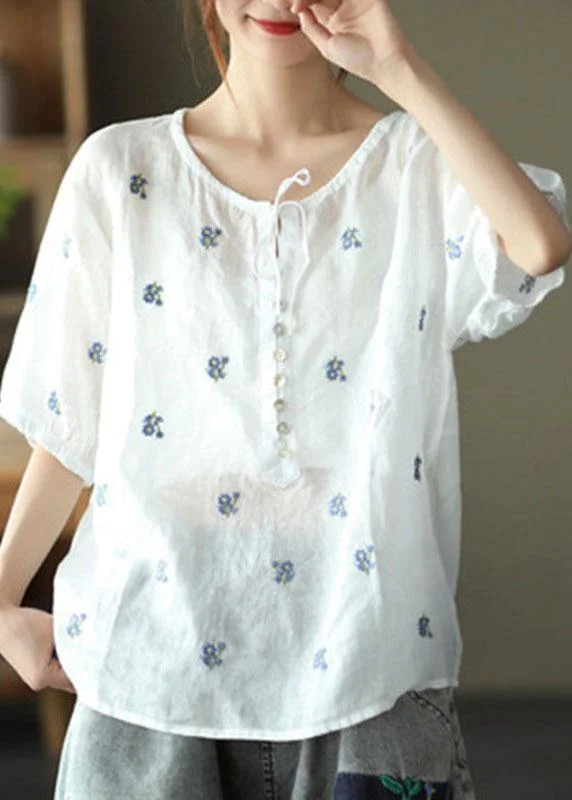 Simple White Embroidered O-Neck Summer Ramie Tops Half Sleeve