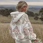 Women's Pink Flower Embroidery Art Long Sleeve Hoodie - Image 4