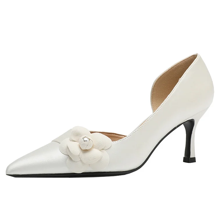 White Wedding Shoes Satin Pointed Toe Flowers Stiletto Mid Heel Bridal Shoes Radinnoo.com