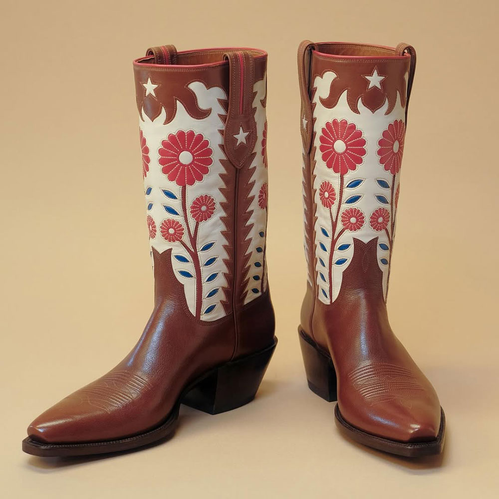Embroidered Flower Snip Toe Brown & Beige Cowboy Boots for Women Nicepairs