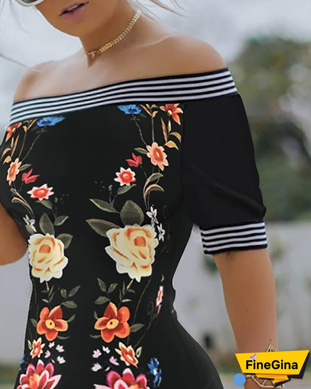 Off Shoulder Floral Print Striped Dress P13602