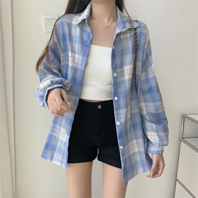 Uveng Uveng Plaid Shirt Woman 2025 Spring And Autumn Korean Version Of The Blouse Loose Hong Kong Style Long-Sleeved Shirt Woman