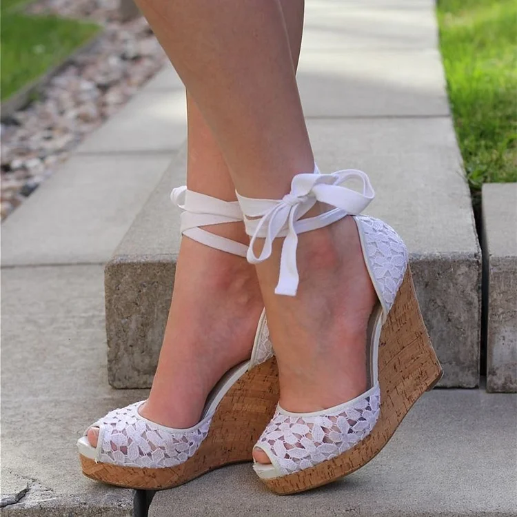 White Lace Strappy Platform Wedge Heel Bridal Sandals |FSJ Shoes