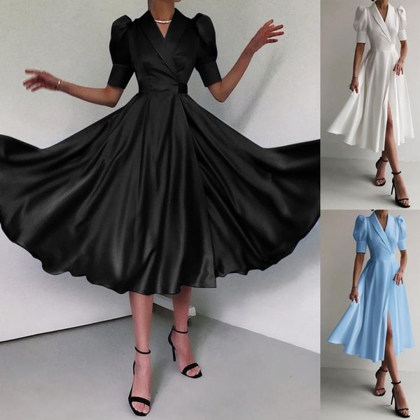 Womens Satin Silk Long Shirt Dress Summer Puff Short Sleeve V Neck Split Party Elegant Casual Maxi Dresses Plus Size