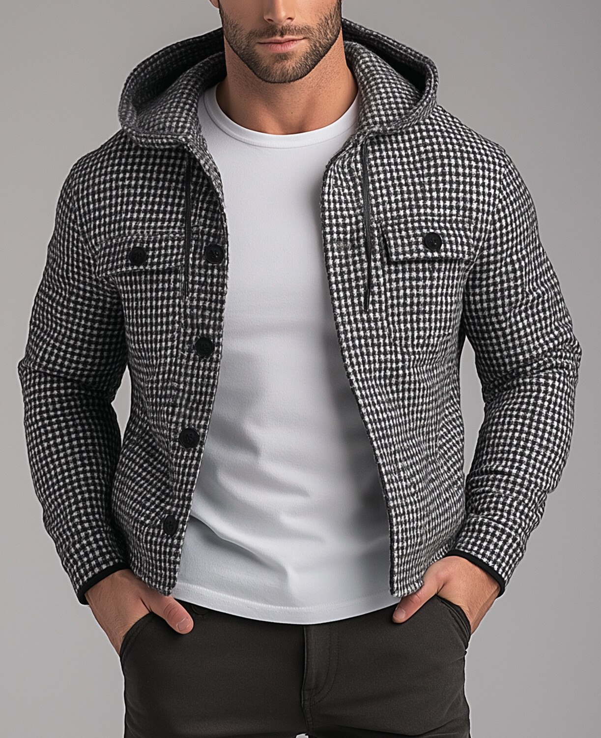 Okaywear Houndstooth Tweed Button Long Sleeve Drawstring Hooded Jacket