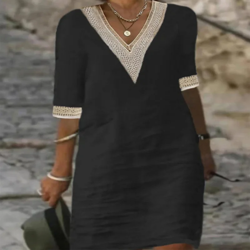 Nigikala Nigikala And Summer New Solid Color V-Neck Sleeve Cotton Temperament Elegant Dress Woman