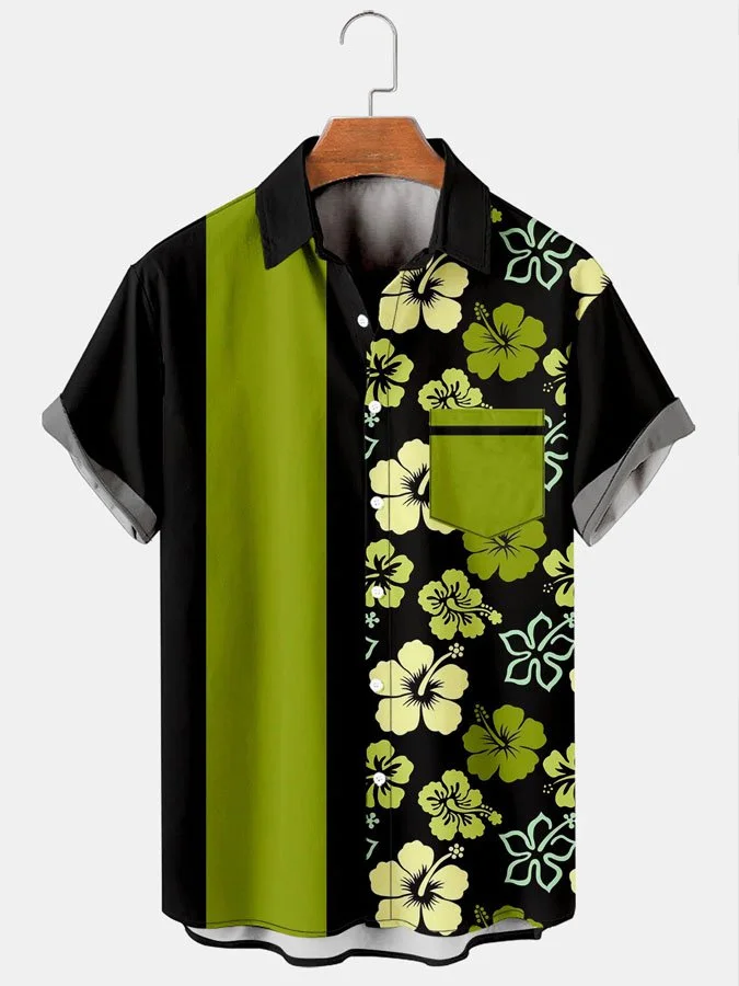 Mens Hawaiian Hibiscus Print Lapel Loose Chest Pockets Short Sleeve Funky Shirts
