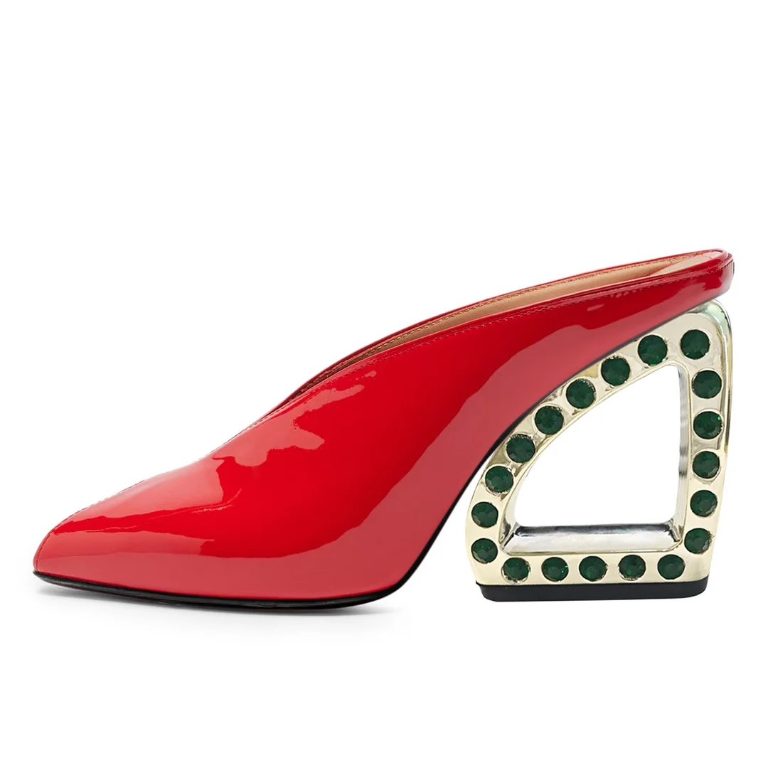 Red Patent Leather Peep Toe Rhinestone Sculptural Heel Mules Shoes