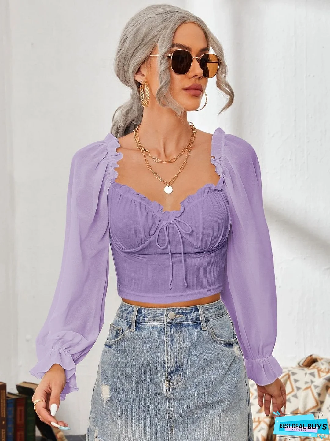 Mesh Sweetheart Neck Flounce Sleeve Top