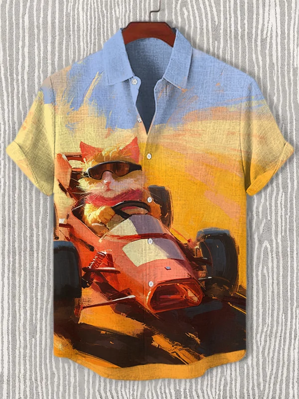 Men's Brave Cat Driving A Race Car Art Print Casual Shirt