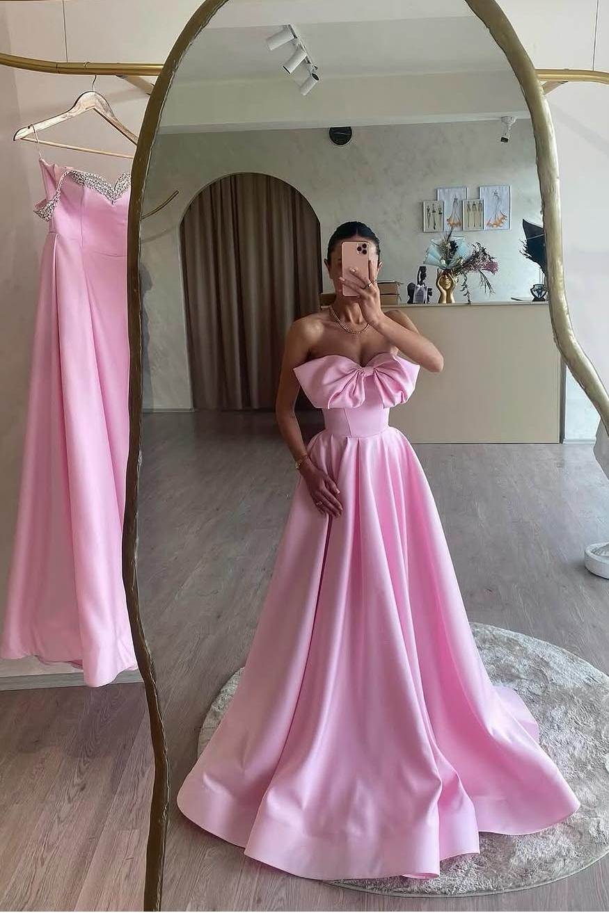 Lussooy Pink Charming Satin Sleeveless Strapless A Line Prom Dress with Big Bow 