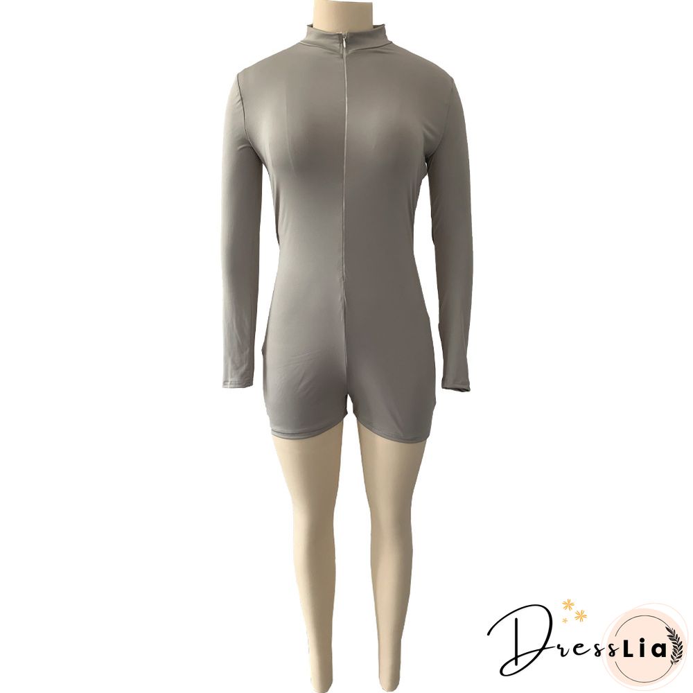 Solid Zipper Front Long Sleeve Bodycon Romper