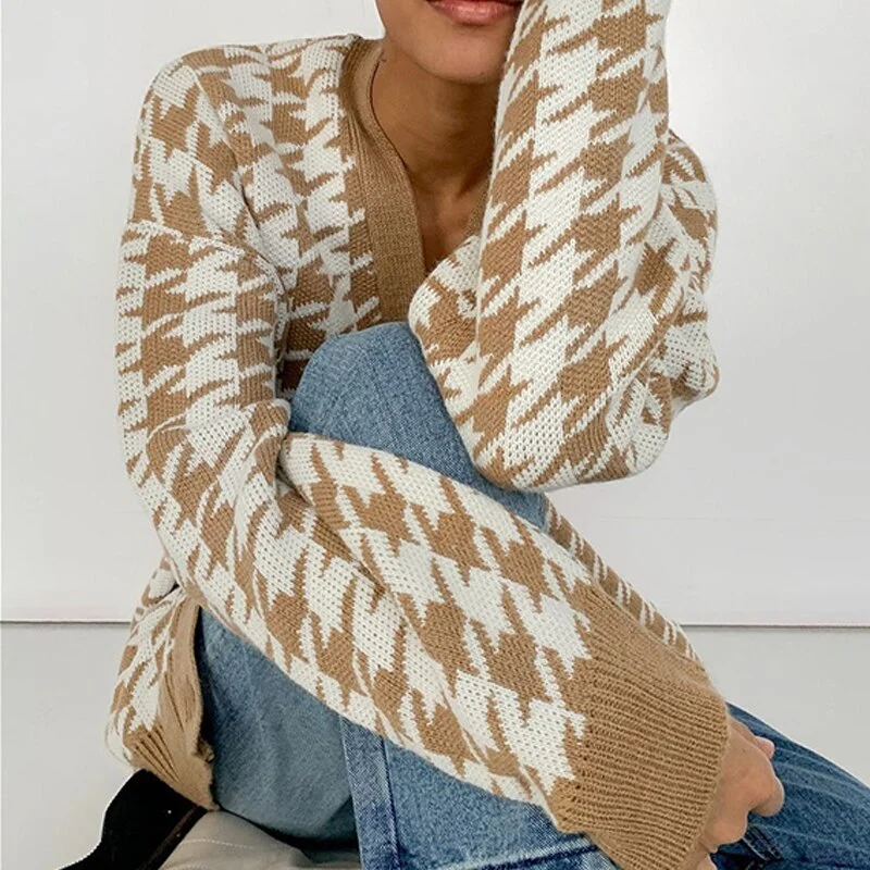 Gitana Y2K Houndstooth Knitted Oversized Cardigan Sweater 2022 Autumn Winter Vintage Sweater Jumper Casual Cardigan Women Coats