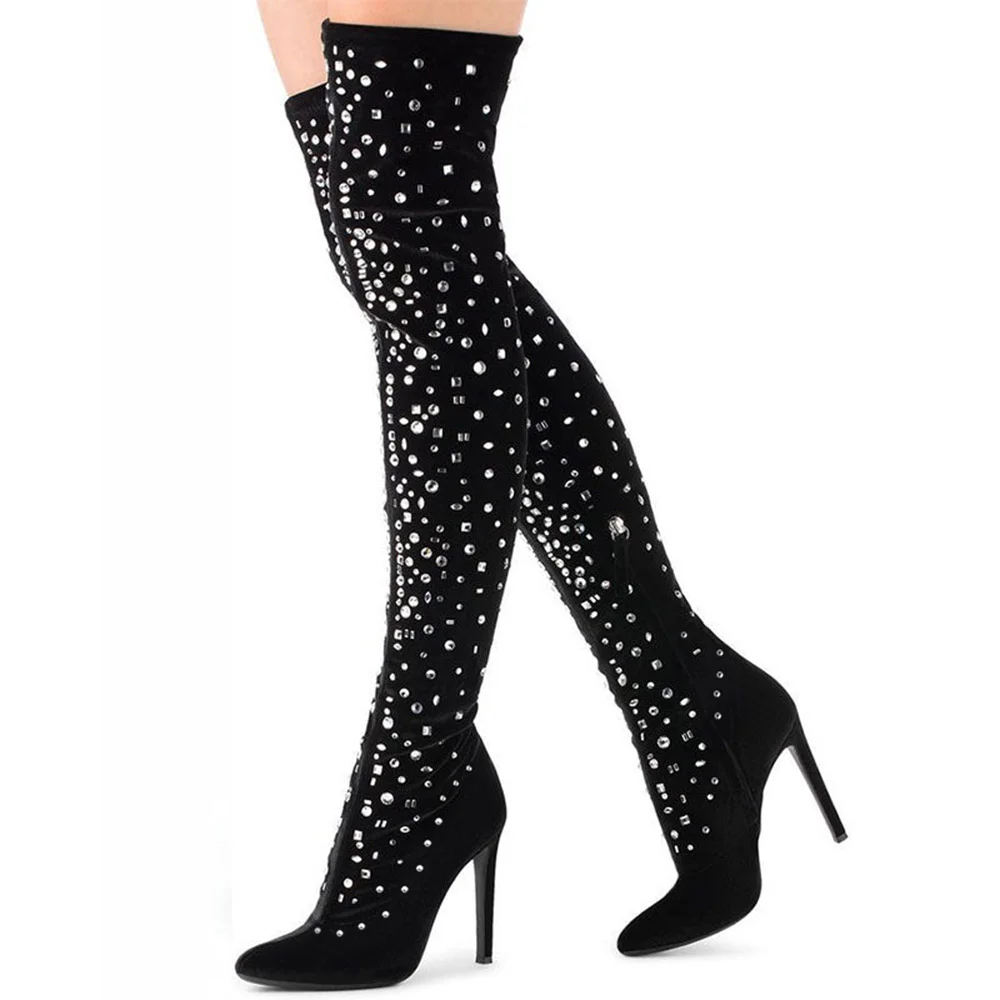 Leather Over The Knee Boots Rhinestone Decors Stiletto Heels Nicepairs