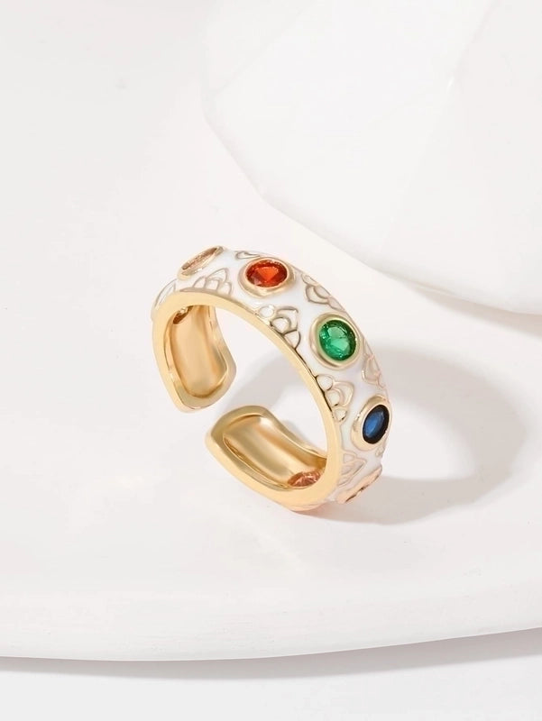 Classical Retro Geometric Copper Enamel Inlay 18K Gold Plated Zircon Open Rings