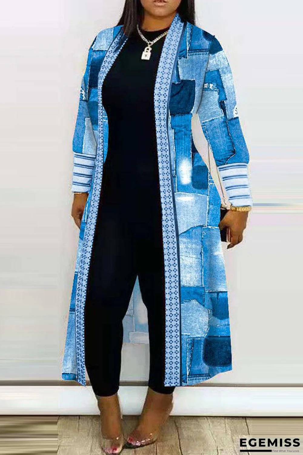 The cowboy blue Casual Print Patchwork Cardigan Collar Outerwear | EGEMISS