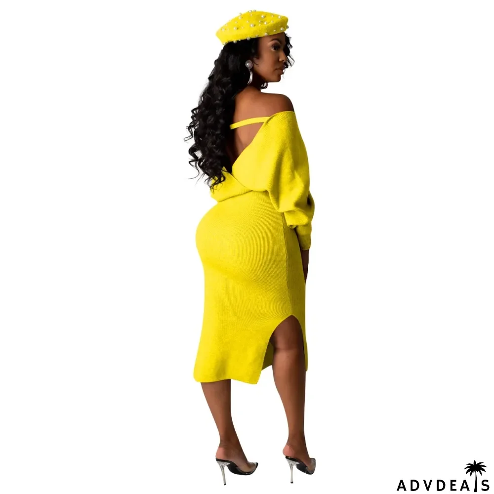 Winter Bat Sleeves Side Slit Wrapped Knitting Long Dress with Belt