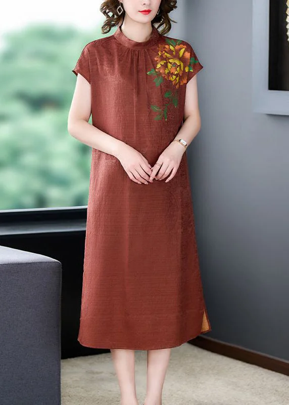 Fine Orange Stand Collar Print Side Open Silk Robe Dresses Summer